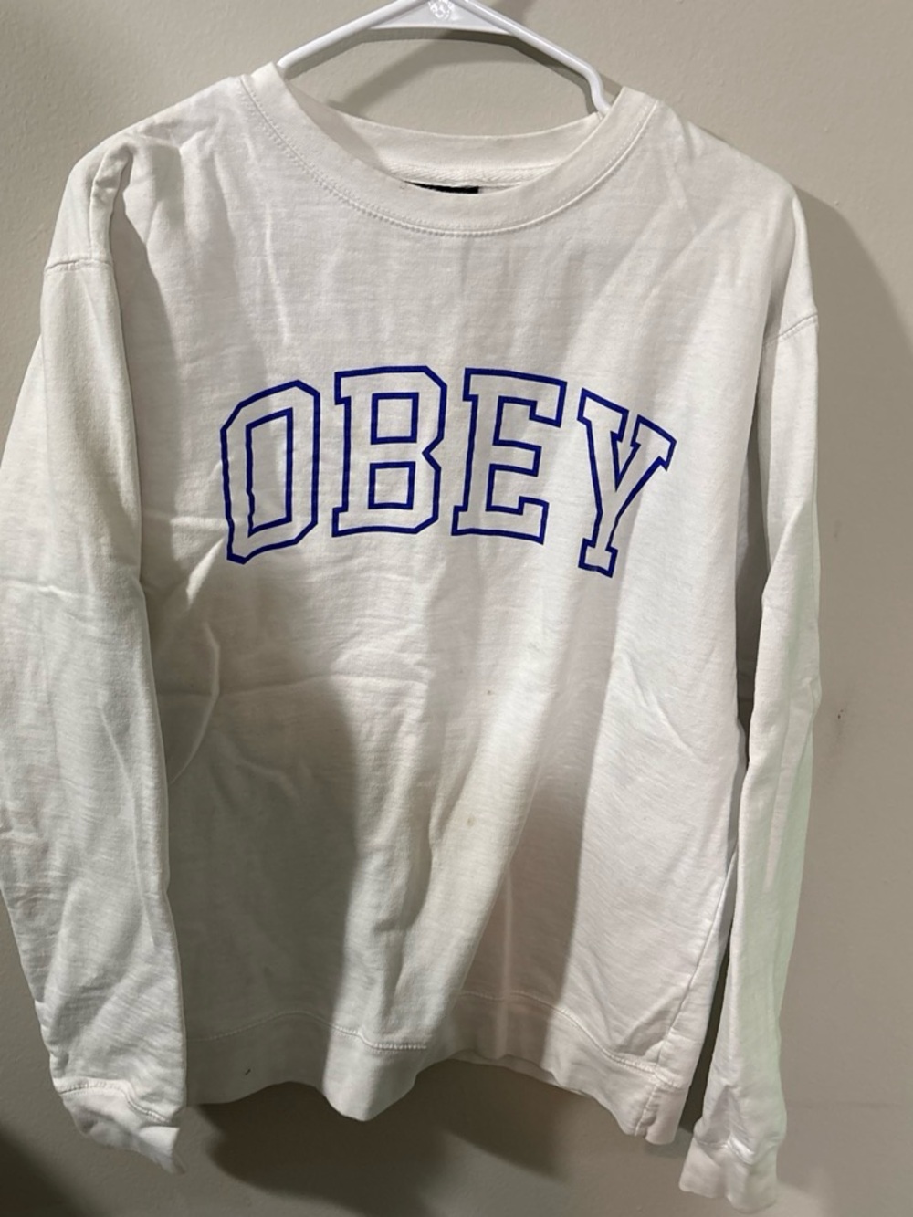 Obey White Crewneck Sweatshirt with Royal Blue Collegiate Logo